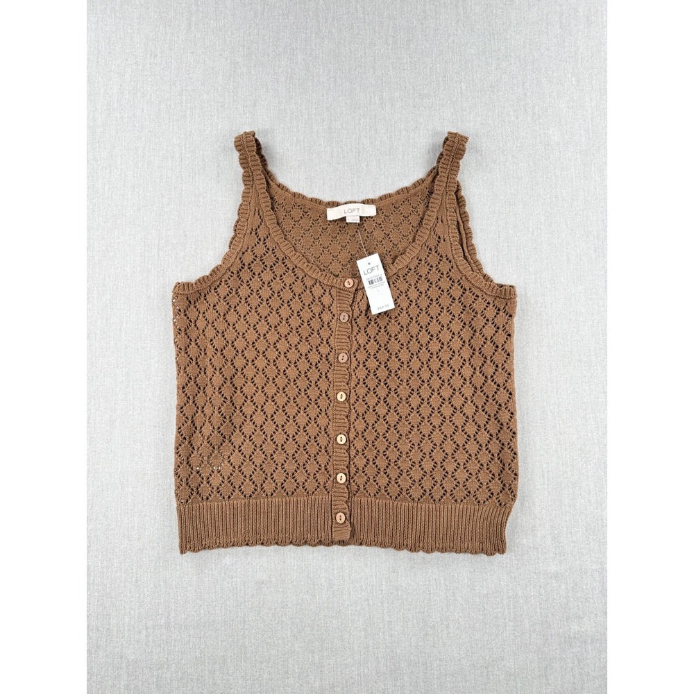 Loft Brown Pointelle Knit Button Down Sweater Tank Top Size L NWT